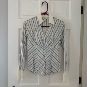 LOFT Blue and White Chevron Striped Tuxedo-Style Blouse